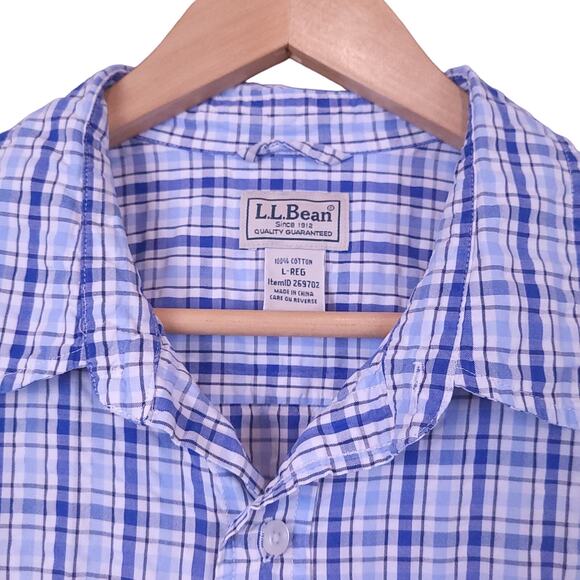 L.L. Bean Men's Short Sleeve Plaid Button-Up Shirt Sz Large Blue & White Casual - Picture 3 of 10